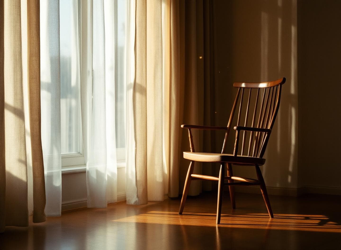 A quiet, sunlit room at dawn — soft golden morning light through linen curtains.