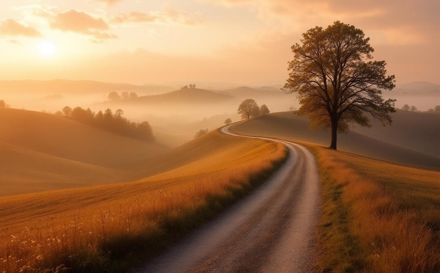 A quiet country path winding up a hill at dawn, golden mist over distant trees.