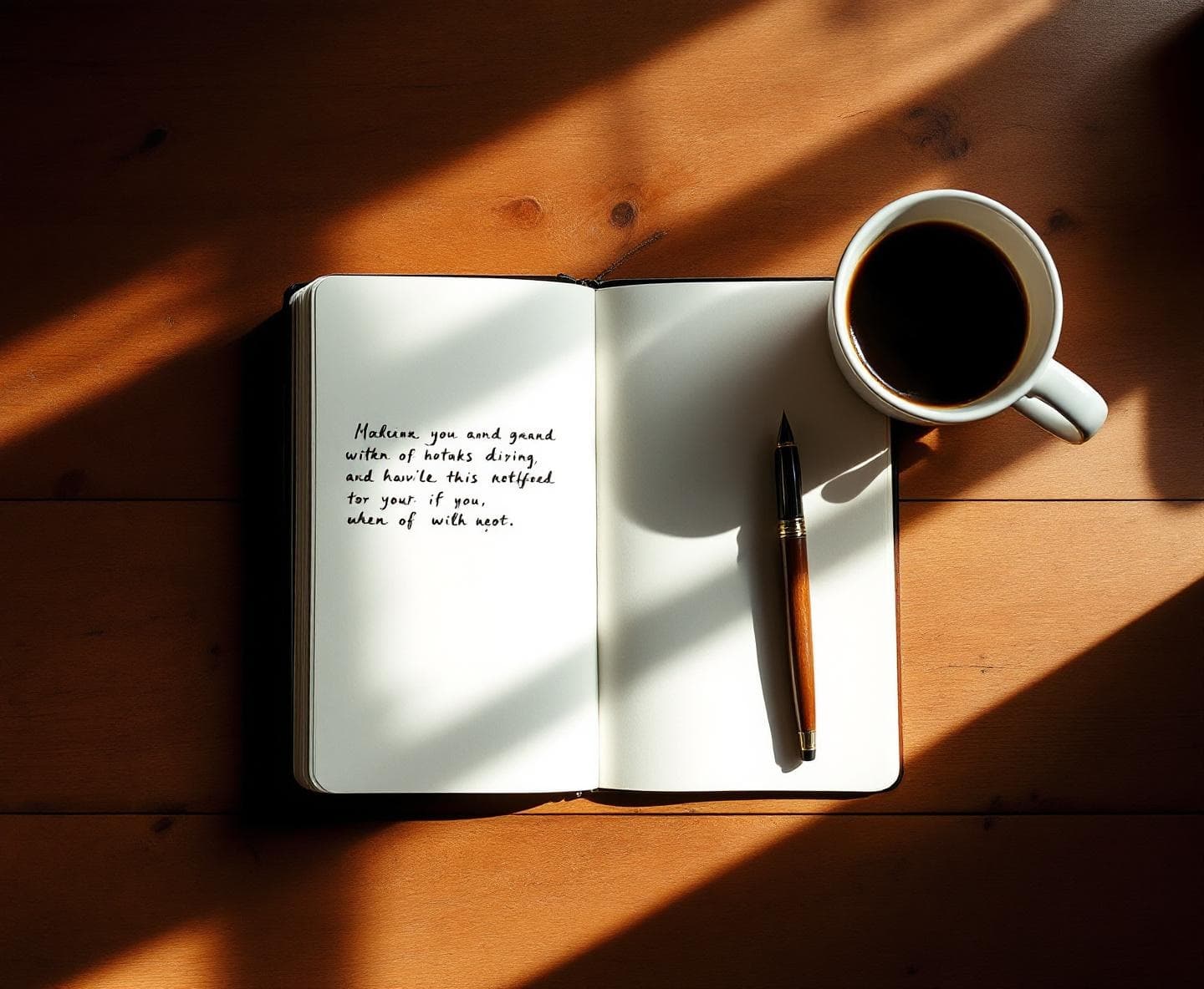 An open notebook with a few lines of handwriting beside a small cup of coffee, soft morning window light.